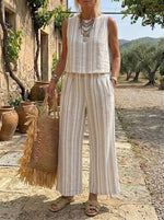 Women's Beige Striped Sleeveless Linen-Blend Set