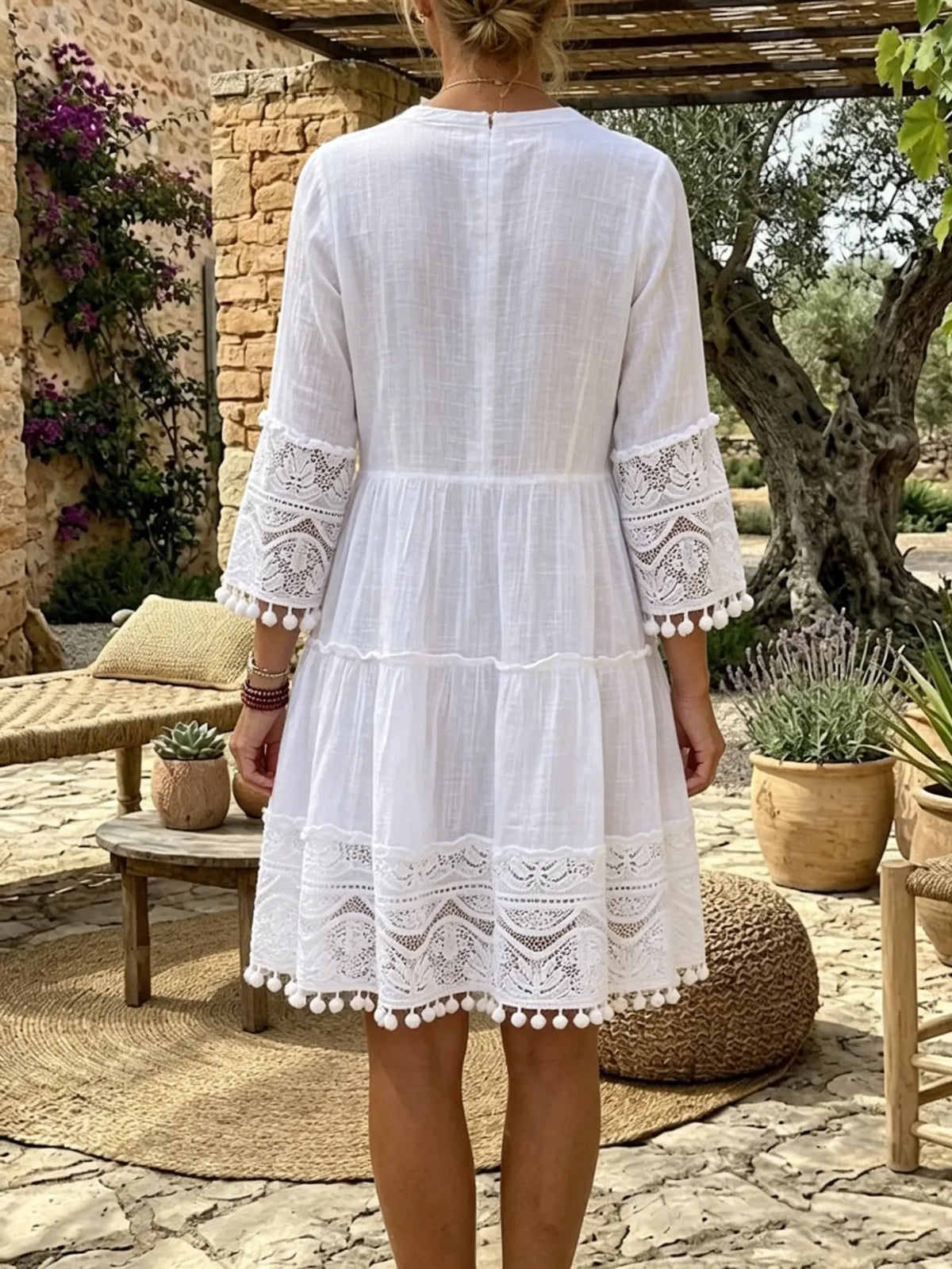 Ivory Pom-Pom Bohemian Lace Tunic Dress