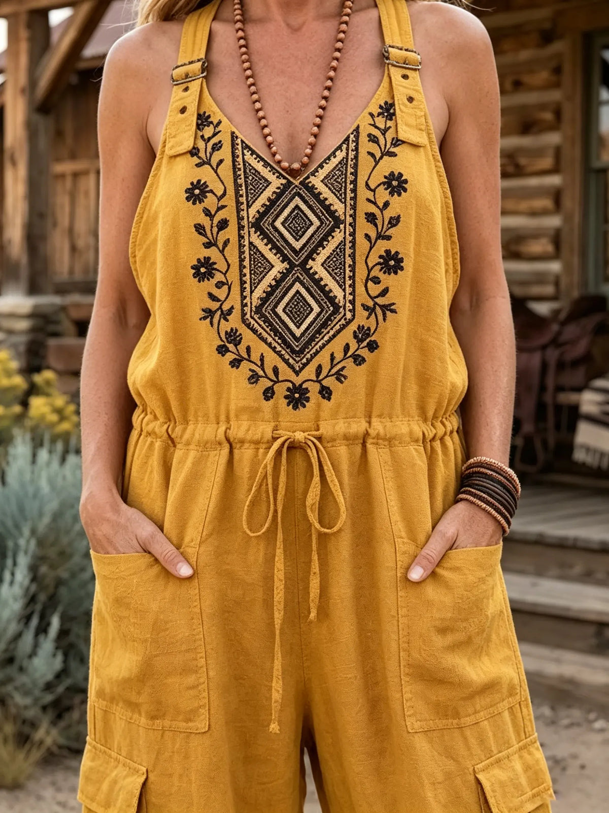 Geometric Print Cargo Pocket Drawstring Jumpsuit