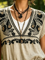 Women's Vintage Bird Floral Embroidery Drawstring Waist Short Sleeve Jumpsuit