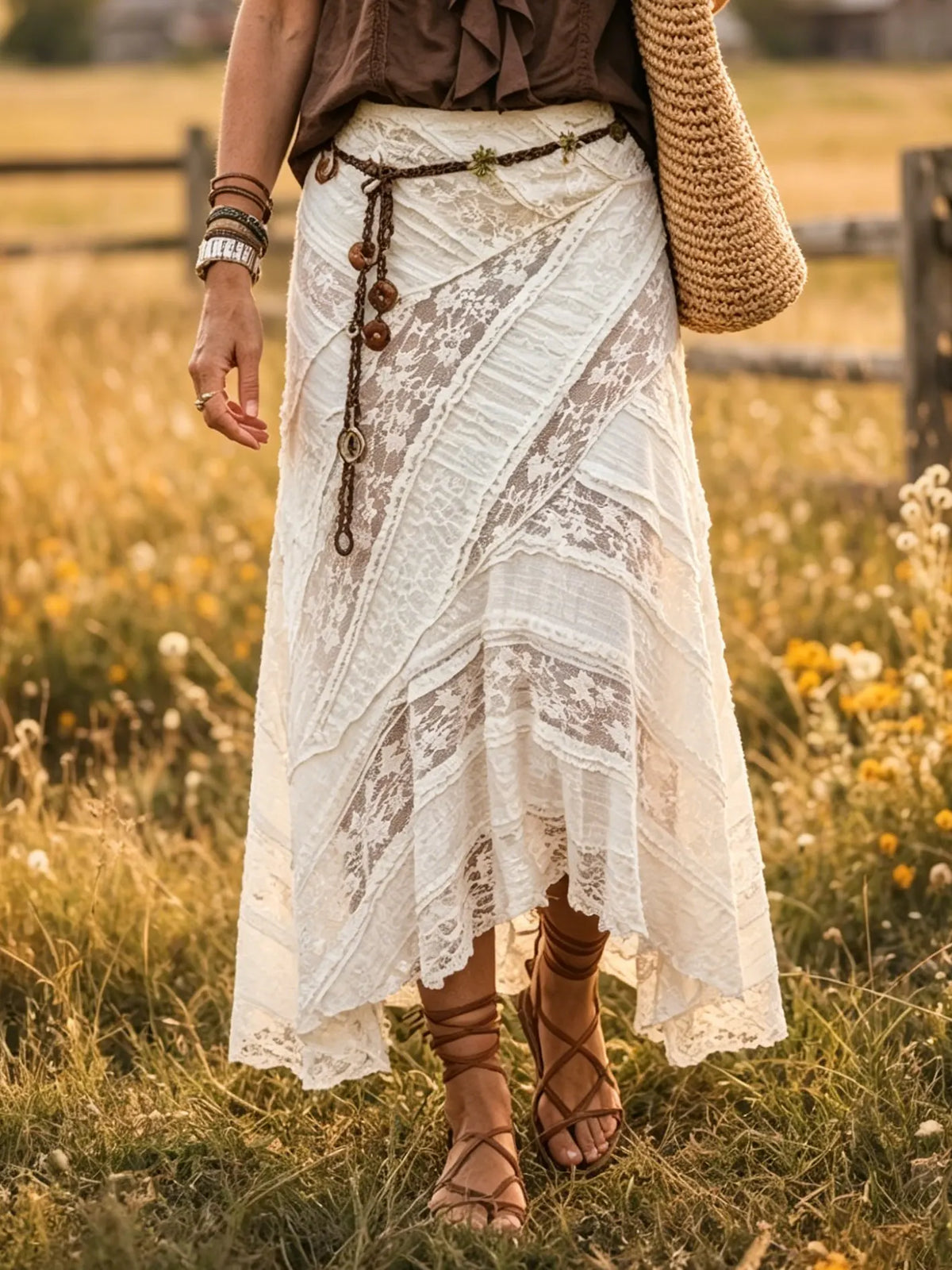 Women's Solid Lace Patchwork Asymmetric Hem Midi Skirt