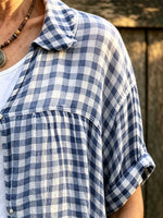 Women’s Blue White Gingham Collared Linen Shirt, Roll Up Short Sleeve Loose Plaid Blouse