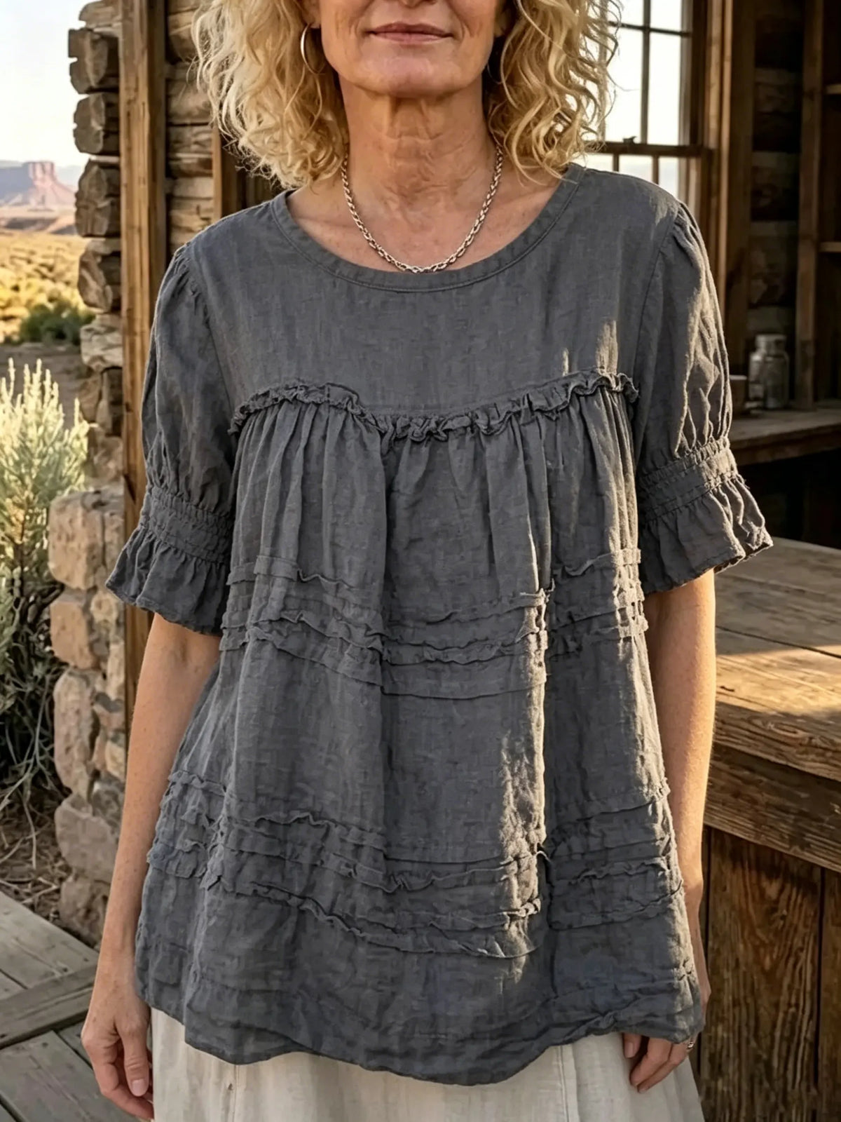 Women's Solid Raw Edge Tiered Ruffle Short Sleeve Linen Blouse