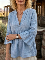 Women's Solid Linen Blend Split Neck Flare 3/4 Sleeve Blouse