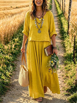 Womens Linen Two Piece Outfit, Roll Sleeve Crop Top & Flowy Wide Leg Maxi Skirt Set