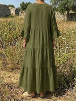 Rustic Meadow Olive Linen Tiered Maxi Dress