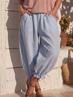 Vintage Art Comfortable Summer Fabrics Cotton Linen Contrasting Stripes Pants