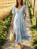 Women’s Casual Cotton Short Sleeve V Neck Ruffled Hem Lace Pocket Dress