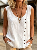 Women’s U Neck Sleeveless Button Detail Linen Tank Top