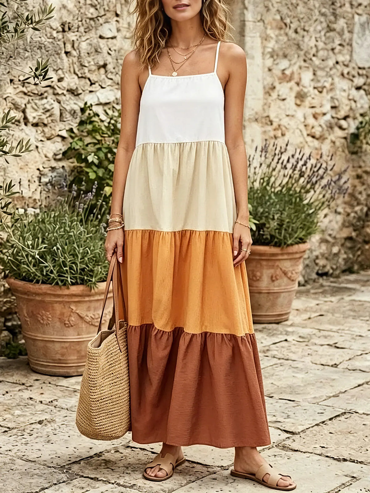 Women's Color-Block Striped Tiered Cami Maxi Dress