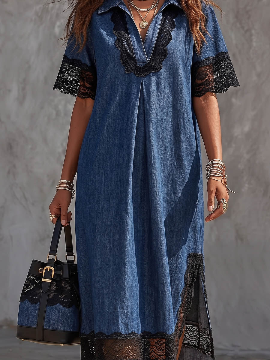 Vintage Art Comfortable Fabrics Hollowed Out Lace Patchwork Denim Dress