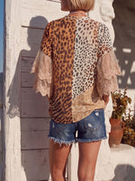 Vintage Art Comfortable Summer Fabrics Sheer Leopard Print Chiffon Patchwork Lace Shirt