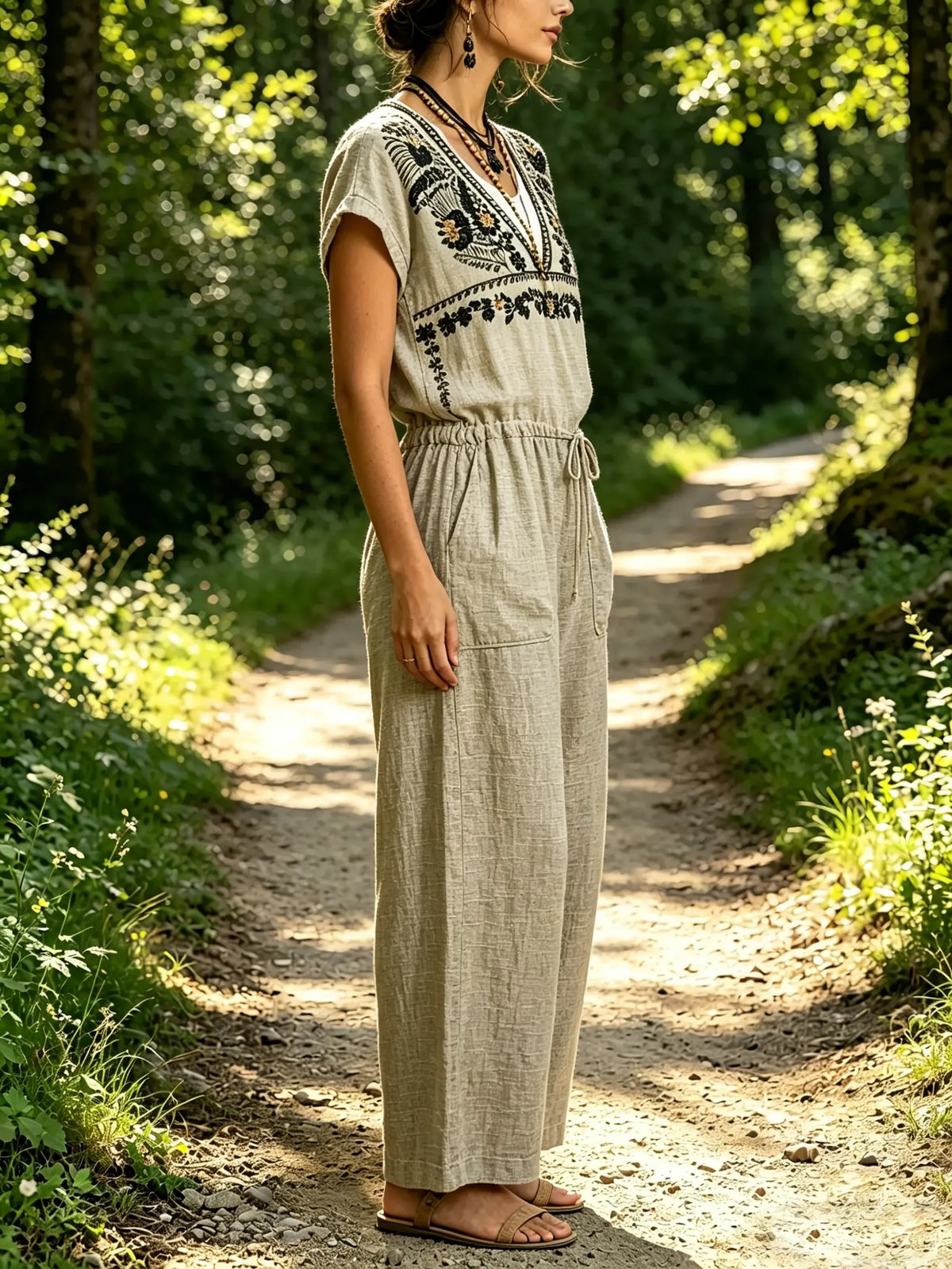 Women's Vintage Bird Floral Embroidery Drawstring Waist Short Sleeve Jumpsuit