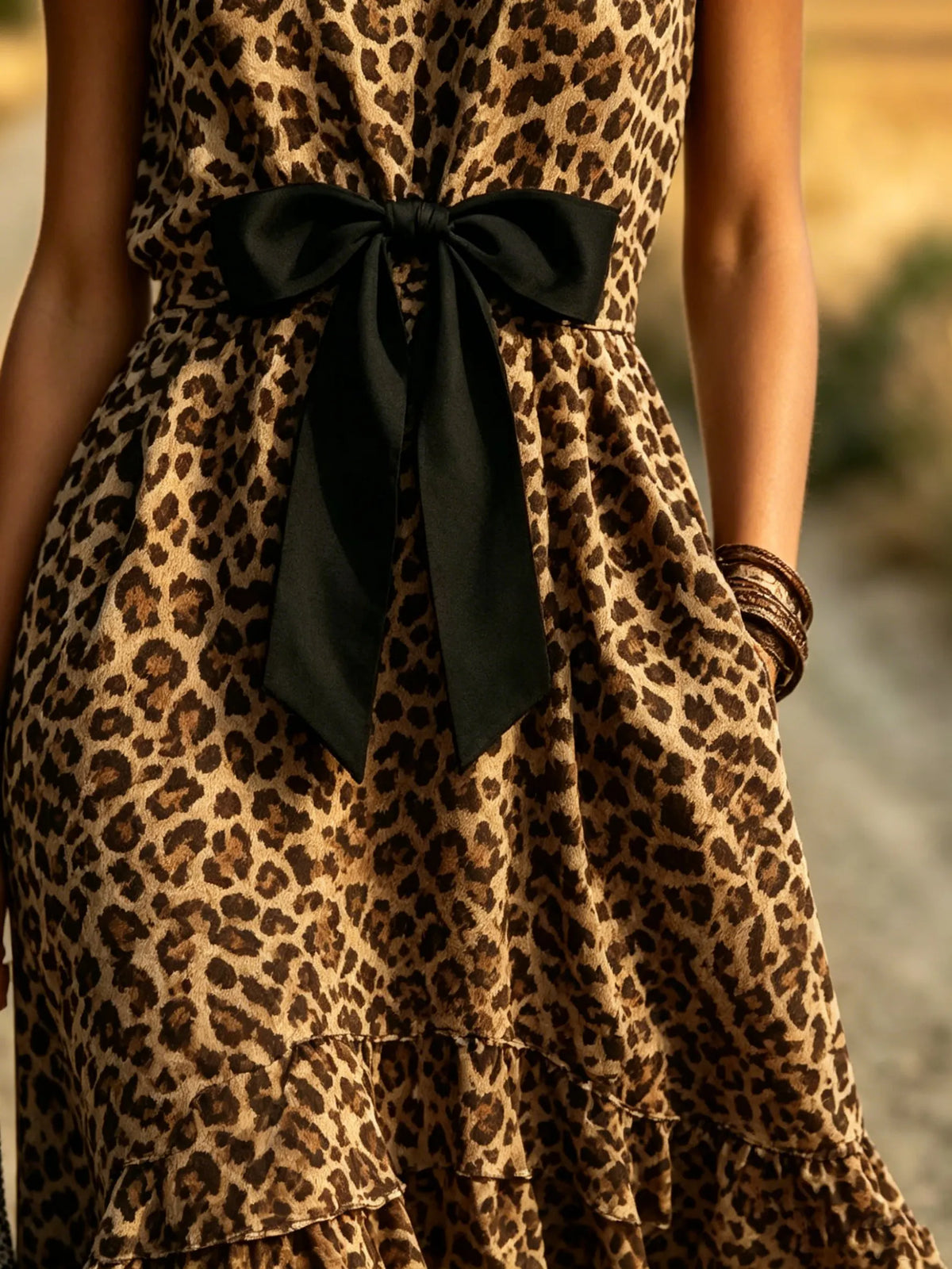 Women's Leopard Print High-Low Bow Dress