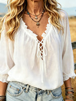 Women's Solid Ruffle Lace-Up V-Neck Puff 3/4 Sleeve Casual Top