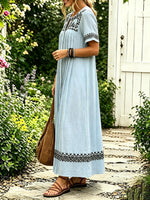 Women Solid Ethnic Embroidery Button Down Short Sleeve Shirt Dress