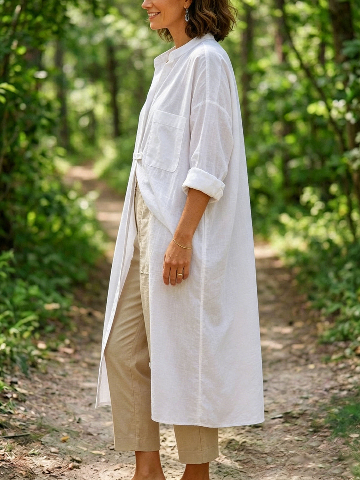 Womens White Stand Collar Long Linen Shirt, Roll Sleeve Pocket Oversized Tunic Blouse