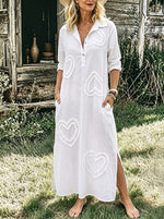 Women's Boho Heart Appliqué Linen Blend Maxi Dress – Relaxed Fit Long Sleeve Country Style Dress With Pockets