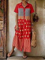 Women's Cute Vintage Patchwork Print Button Front Shirt Midi Dress