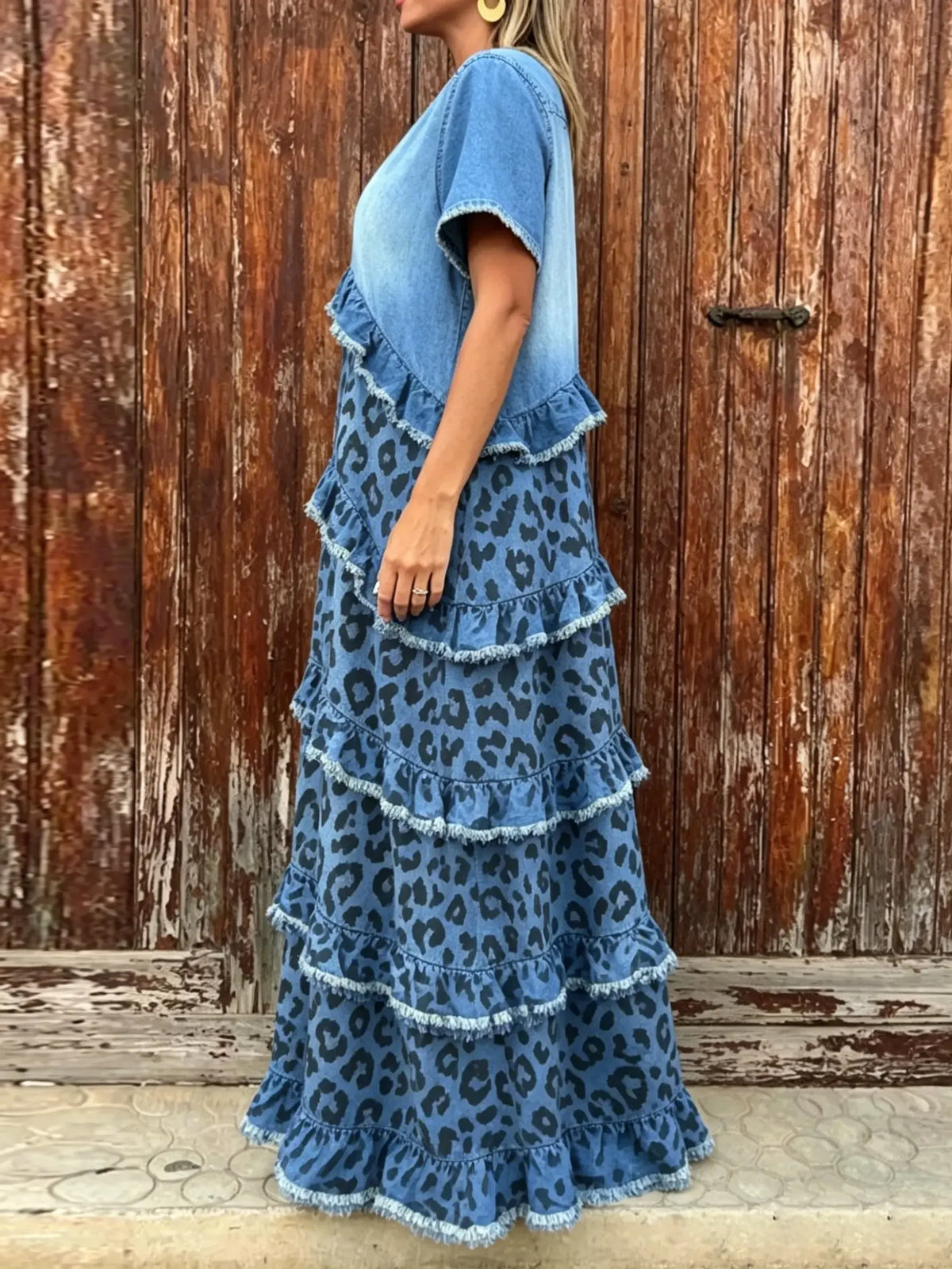Women's Denim Patchwork Blue Leopard Multi Tier Ruffle Maxi Dress