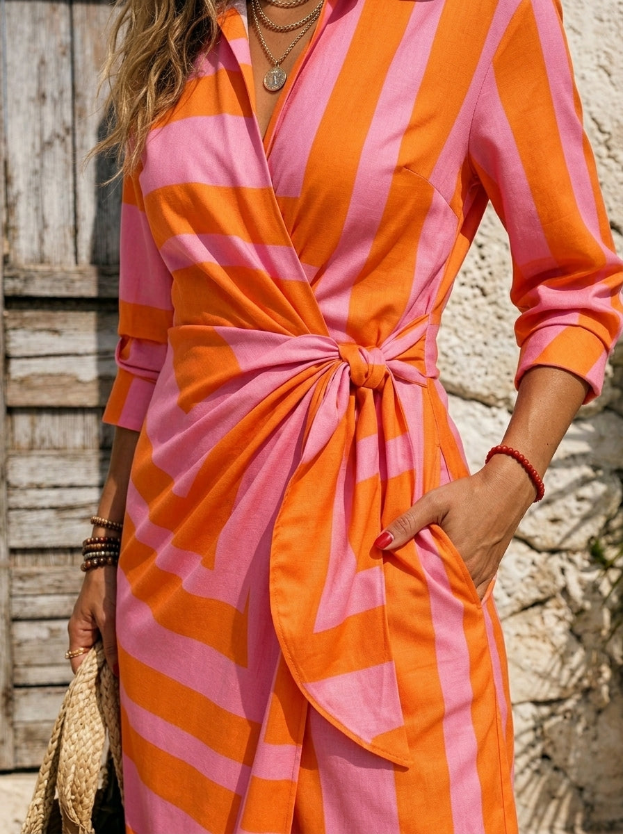 Women's Striped Wrap Tie Waist Midi Shirt Dress