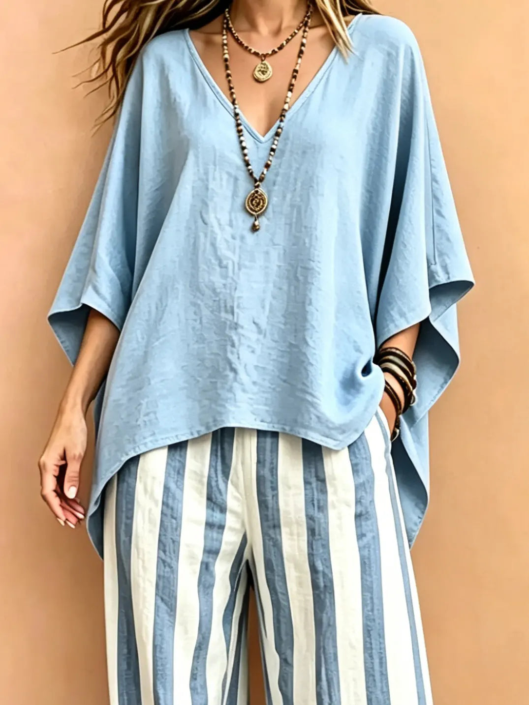 Women's Solid Loose V-Neck Top & Blue White Stripe Wide Leg Pants Set