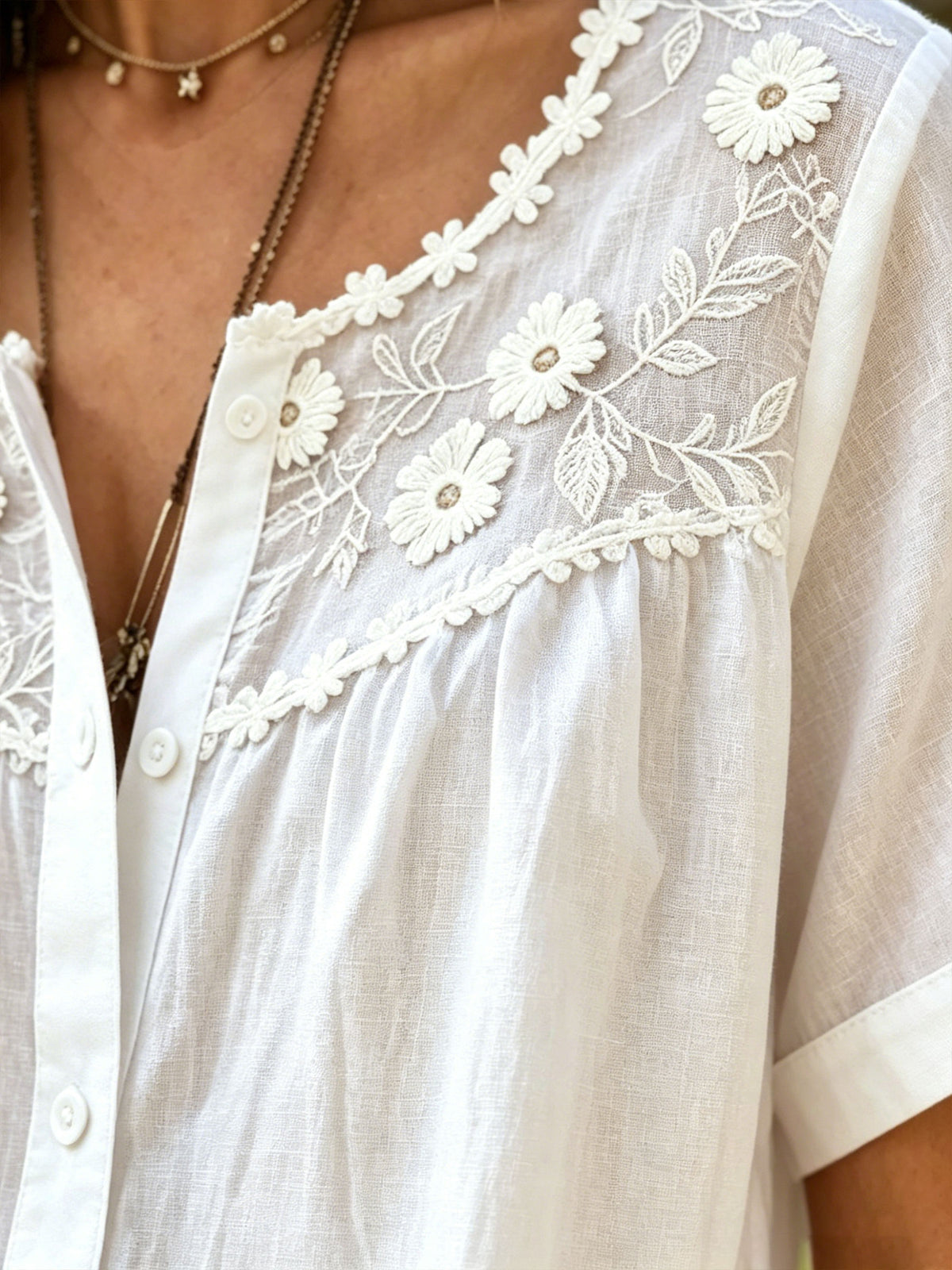 Women’s Floral Lace V Neck Short Sleeve Button Down Casual Blouse