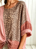 Women Pink Leopard Color Block Drawstring Hem Short Sleeve Top