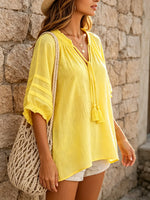 Women's Solid Ruffle Tassel Tie V-Neck Puff 3/4 Sleeve Casual Blouse