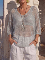 Vintage Art Comfortable Summer Fabrics Breathable Silver Openwork Mesh Shirt