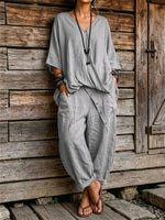 Womens Wrap V Neck Cotton Linen Two Piece Set Loose Short Sleeve Top & Button Harem Pants