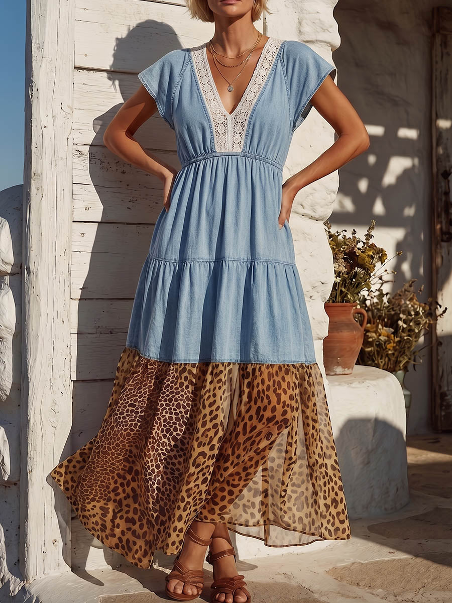 Vintage Art Comfortable Summer Fabrics Denim Patchwork Chiffon Dress