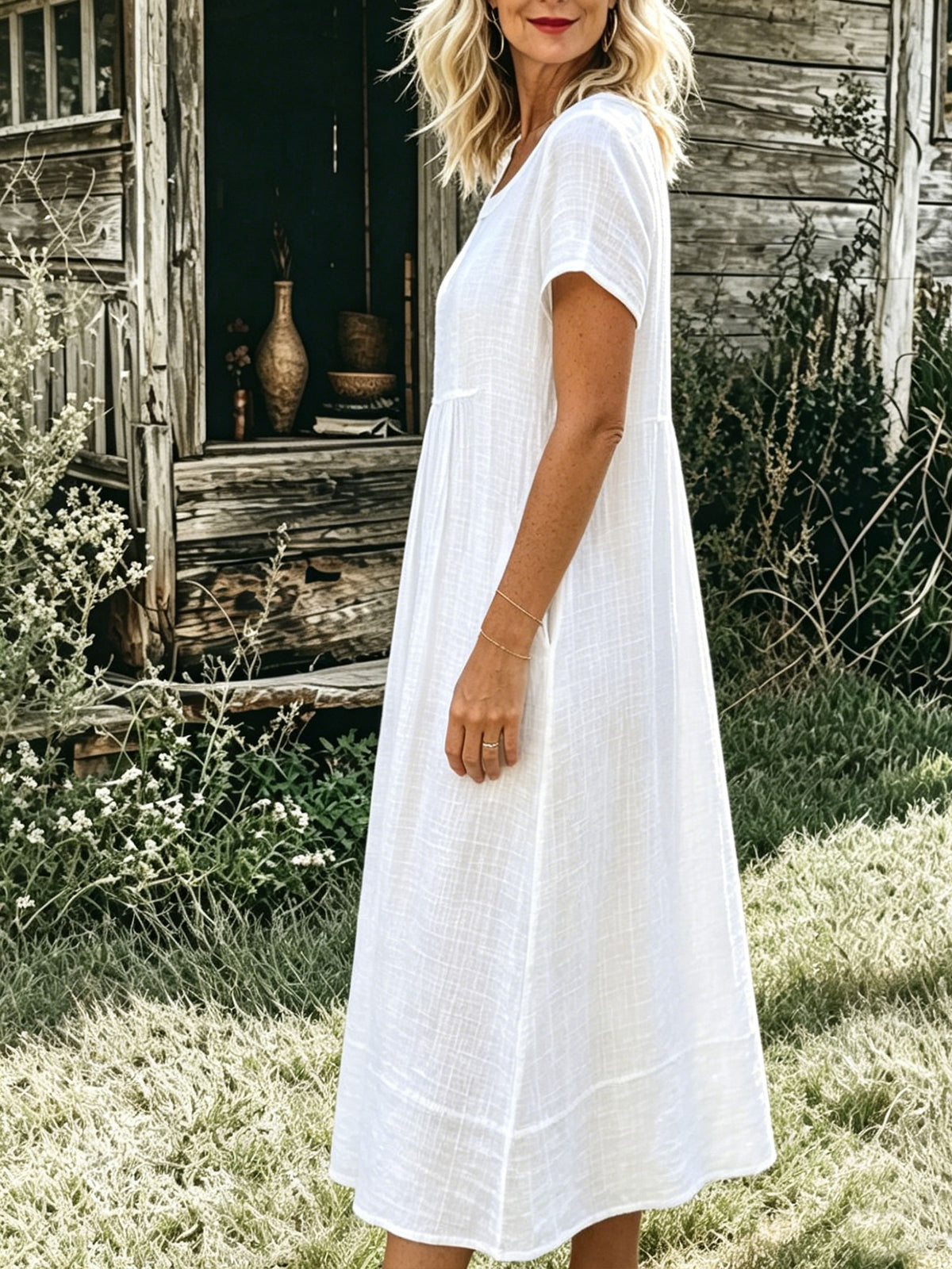 Women’s Casual Cotton Short Sleeve Round Neck Pocket Maxi Dress