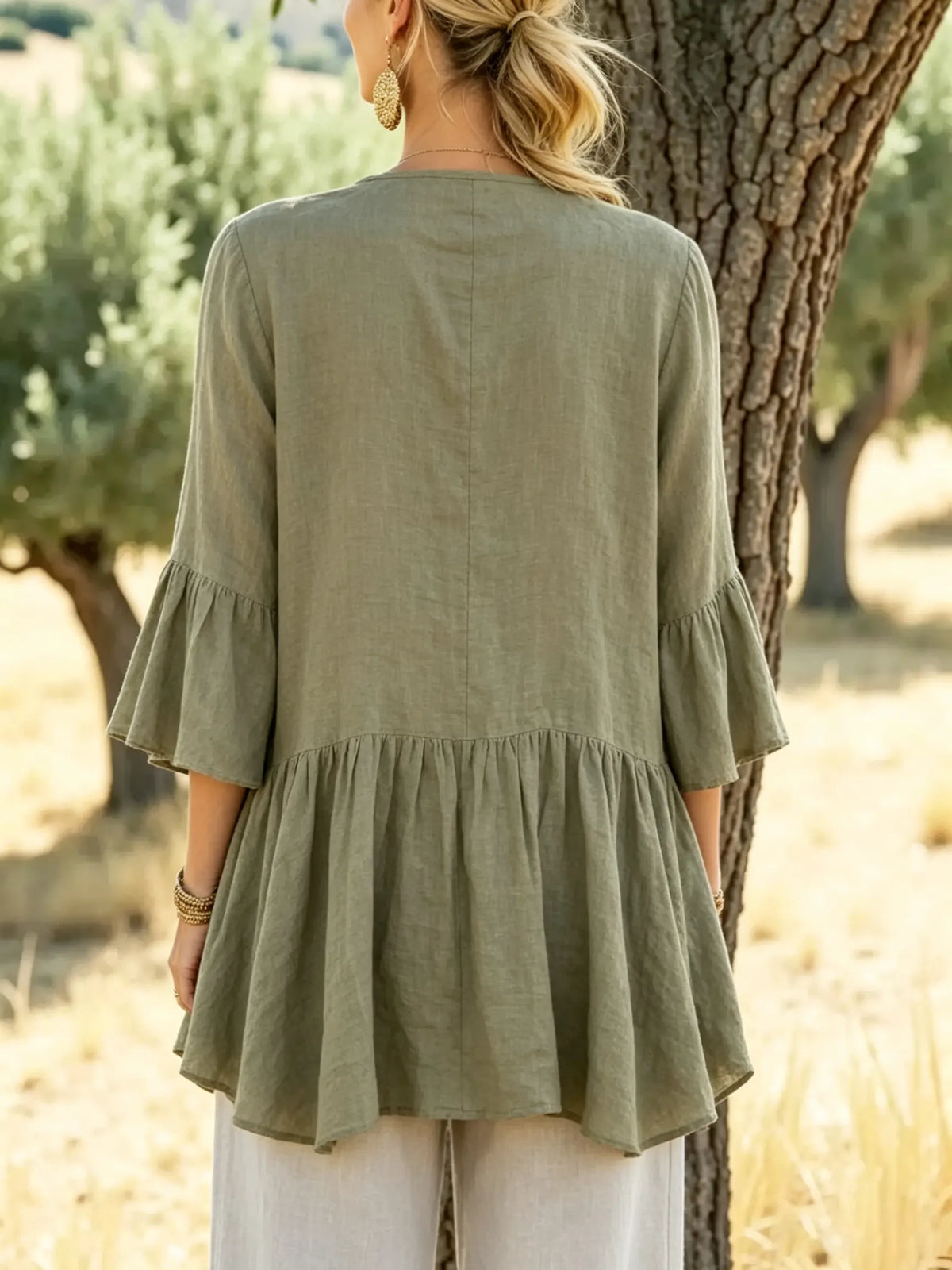 Solid Textured 3/4 Flare Sleeve Ruffle Hem Linen Cardigan