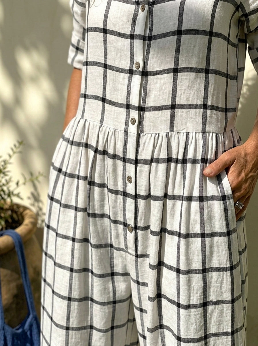 Womens Plaid Button Down Cotton Linen Wide Leg Jumpsuit With Pockets