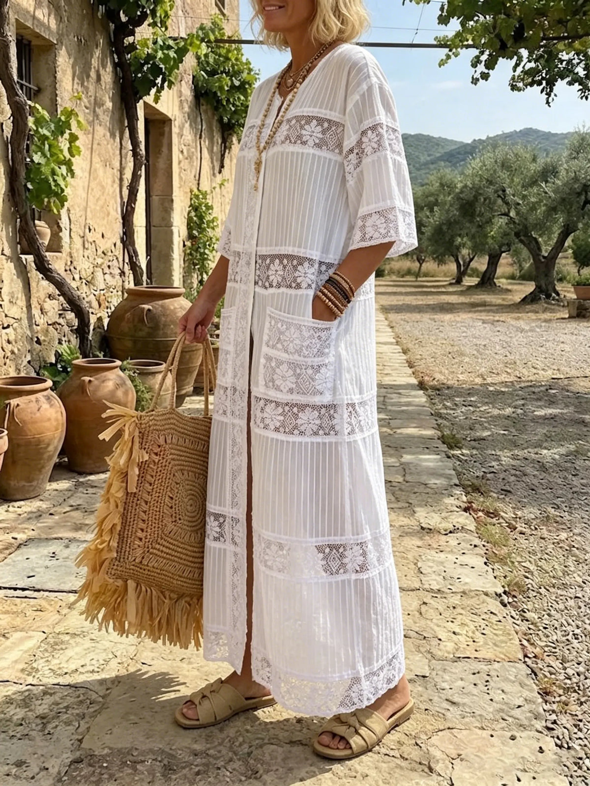 Women's Sheer Lace Button-Front Maxi Duster