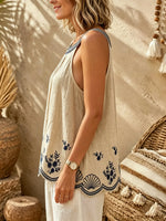 Women's Floral Botanical Embroidery Scallop Hem Halter Linen Tank Top