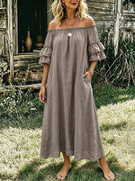 Women's Boho Off-shoulder Linen Blend Maxi Dress – Loose Fit Ruffle Sleeve Country Cottage Dress With Pockets