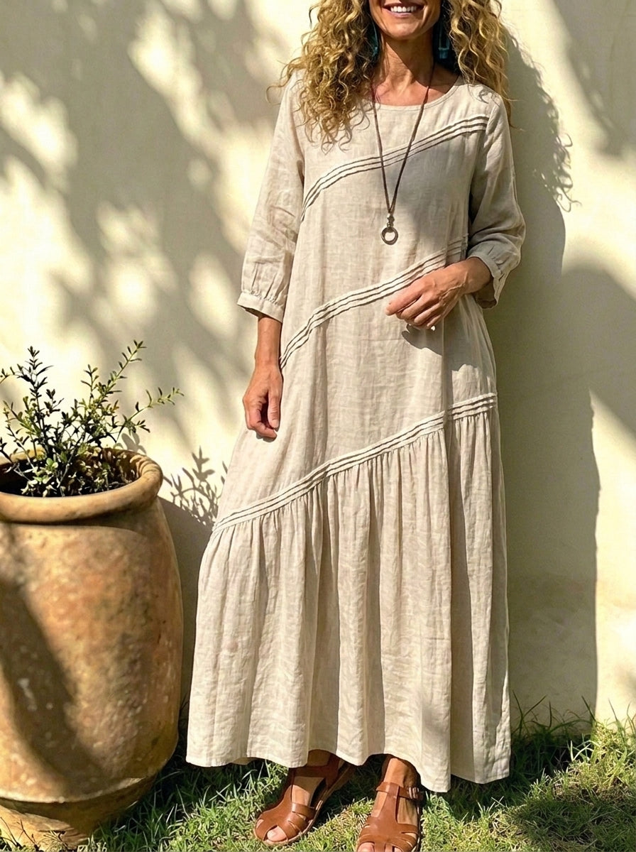 Women’s Diagonal Stitch Tiered Linen Cotton Midi Dress