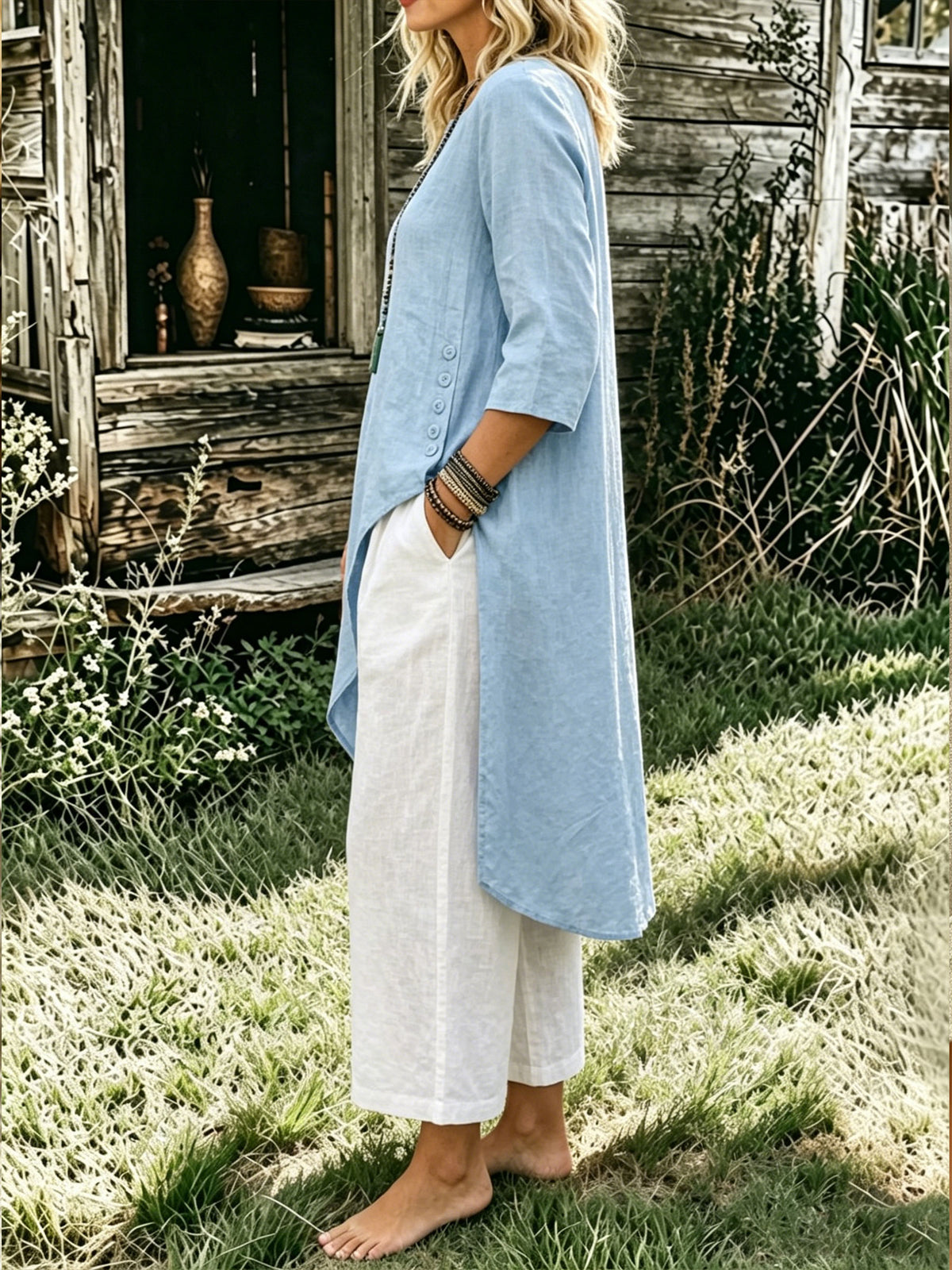 Womens Asymmetric Cotton Linen Tunic & White Cropped Culottes 2 Piece Outfit Set