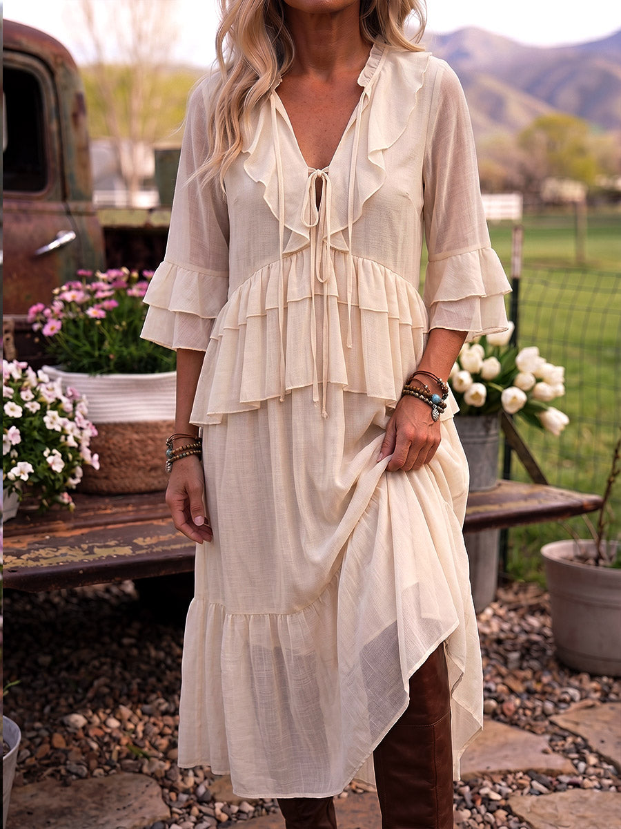 Vintage Art Comfortable Summer Fabrics Linen Blend Patchwork Dress