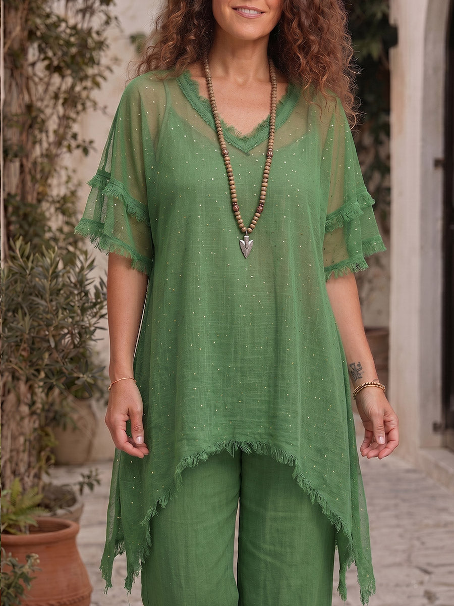 Vintage Art Comfortable Summer Fabrics Asymmetrical Embroidered Sequins Shirt