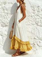 Women Solid Lace V Neck Yellow Ruffle Sleeveless Maxi Dress