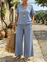 Women's Blue Striped Linen-Blend Set