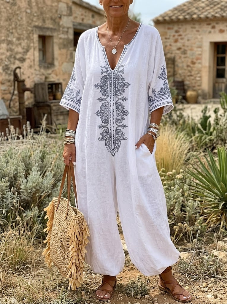 Boho Linen V Neck 3/4 Sleeve Pocket Jumpsuit