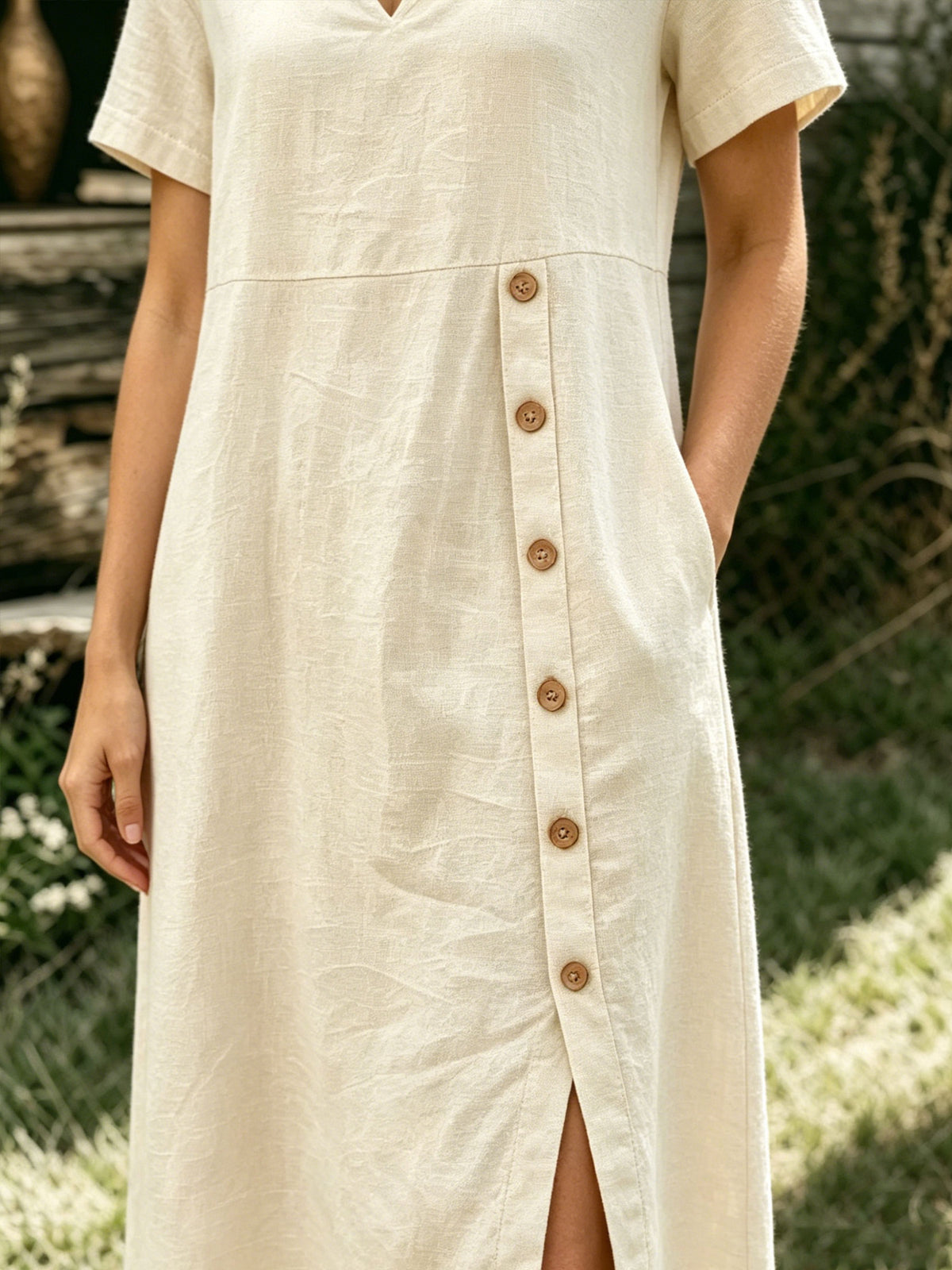 Women’s Casual Cotton Side-button Slit Short Sleeve V Neck Pocket Dress