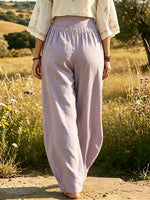 Women's Solid Textured Elastic Waist Linen Wide Leg Harem Pants