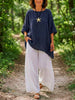 Two-piece set🍃Womens Navy Irregular Hem Linen Top & White Wide Leg Pants Two Piece Matching Set