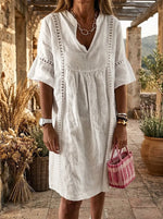 Lace-Trimmed Linen Midi Dress