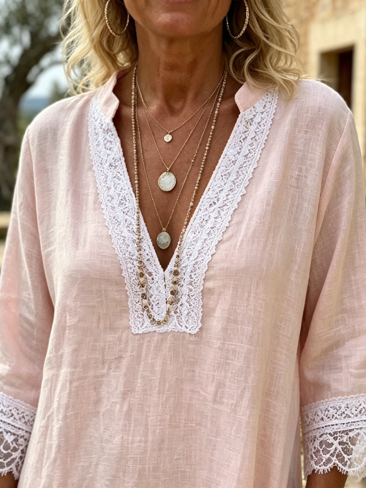 Romantic Lace Trim V Neck Tie Waist Linen Midi Dress With Pockets